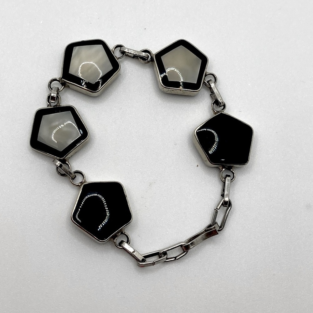 Vtg MOP Mother Of Pearl Inlay Silver Tone Hexagon Geometric Link Bracelet 6.5”